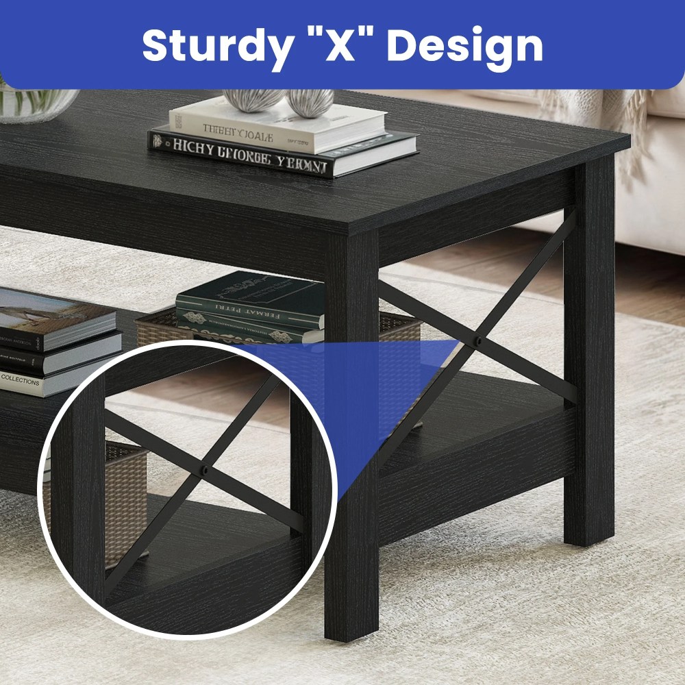 Wooflex Wood Farmhouse Coffee Table with 2-Tier Open Shelf-Black-Living Room & Home Office - Image 3