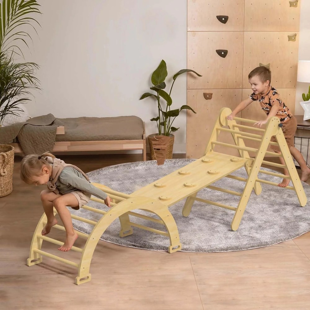 Odaof 5 in 1 Pikler Triangle Set, Baby Climbing Toys Indoor Playground, Foldable Montessori Toddler Climbing Toys with Sliding Ramp & Climbing Arch Ramp, Jungle Gym for Kids, Primary - Image 8