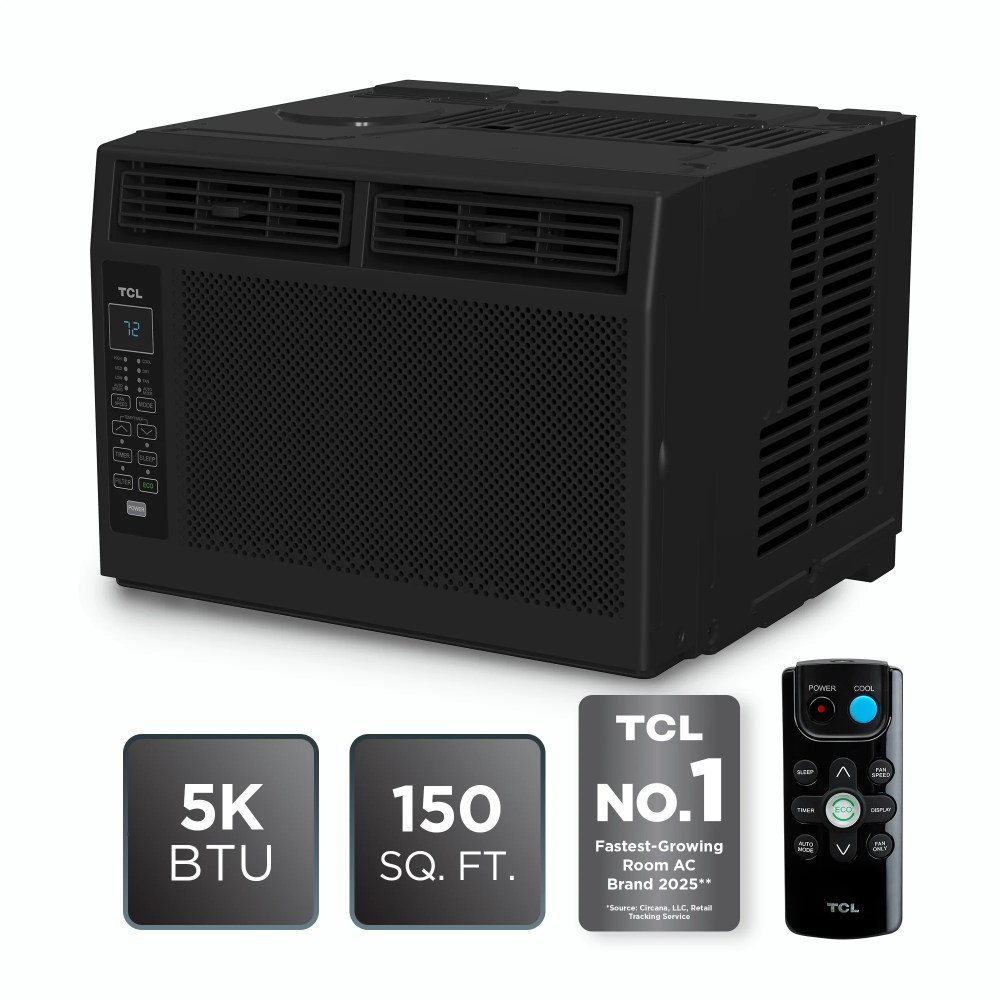 TCL 5, 000 BTU Window Air Conditioner (Black) - 150 Sq ft, LED Display, Included Remote, Compact, Dorm Friendly - W5W3M-B