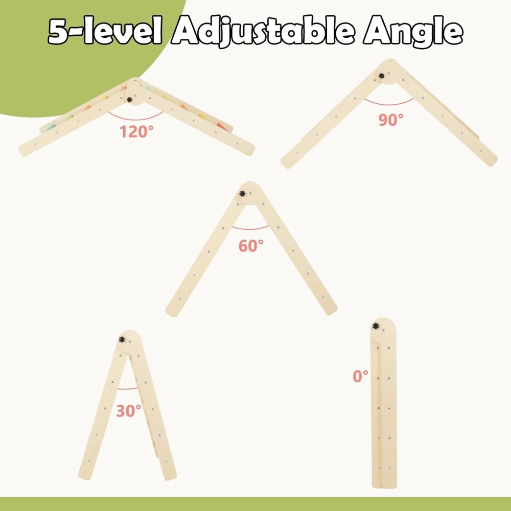 OLAKIDS Climbing Toys for Toddlers, 8 in 1 Foldable Wood Pikler Montessori Jungle Gym with Toddler Tower Angle Adjustable Ladder Ramp Slide, Indoor Kids Playground Climber Triangle Set (Colorful) - Image 8
