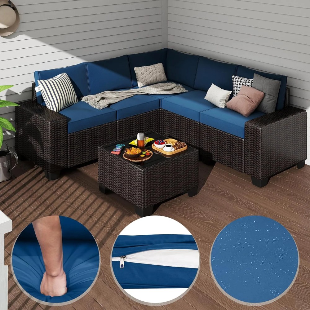 6 Pieces Patio Furniture Set,Outdoor Sectional Set of 6 w/Wide Armrest,Waterproof Wicker Conversation Set for Backyard,Deck,Lake Blue - Image 4