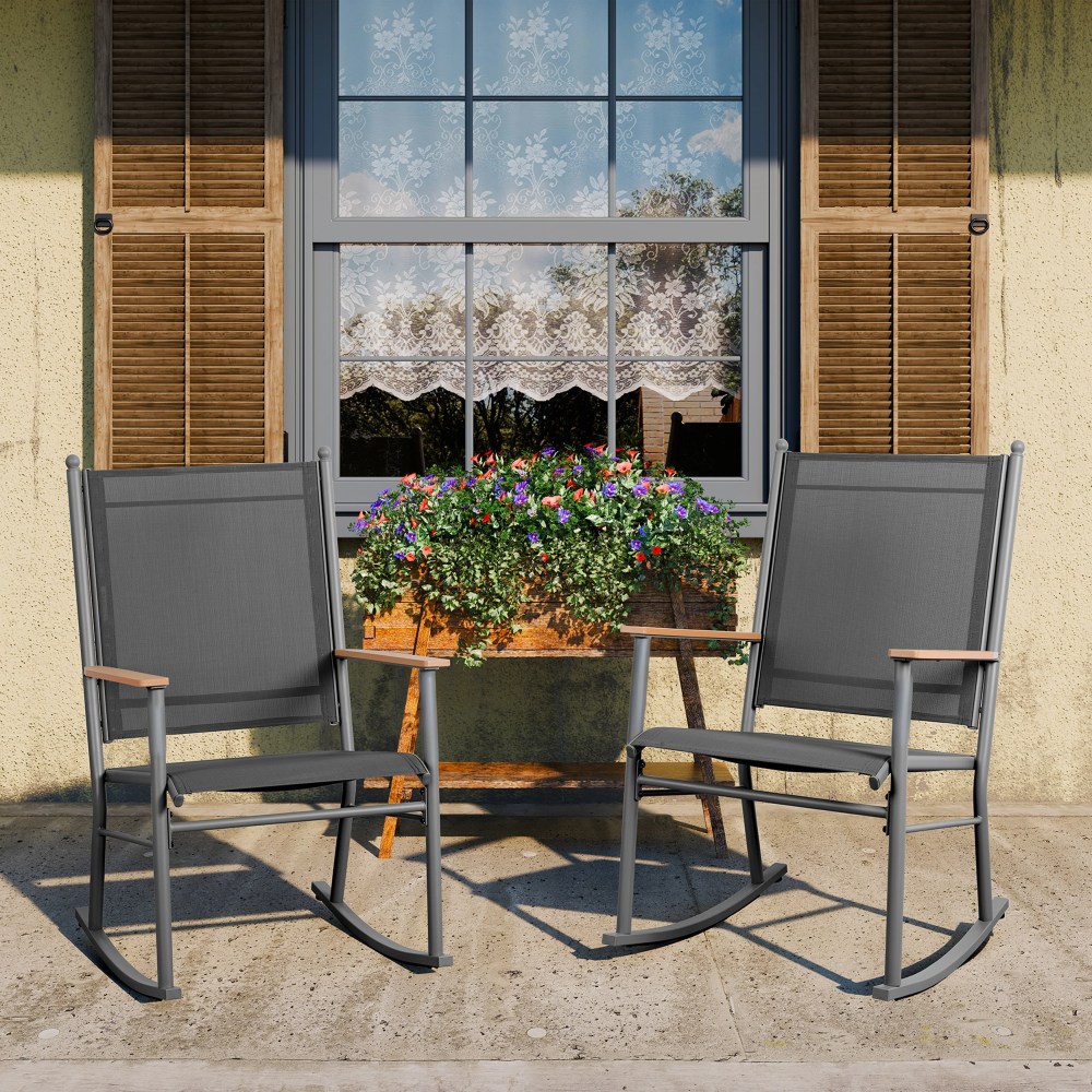 Walsunny Outdoor Patio Chairs Set of 2 Rockers Metal Rocking Chairs Furniture for Porch Backyard Lawn Garden, Black - Image 6