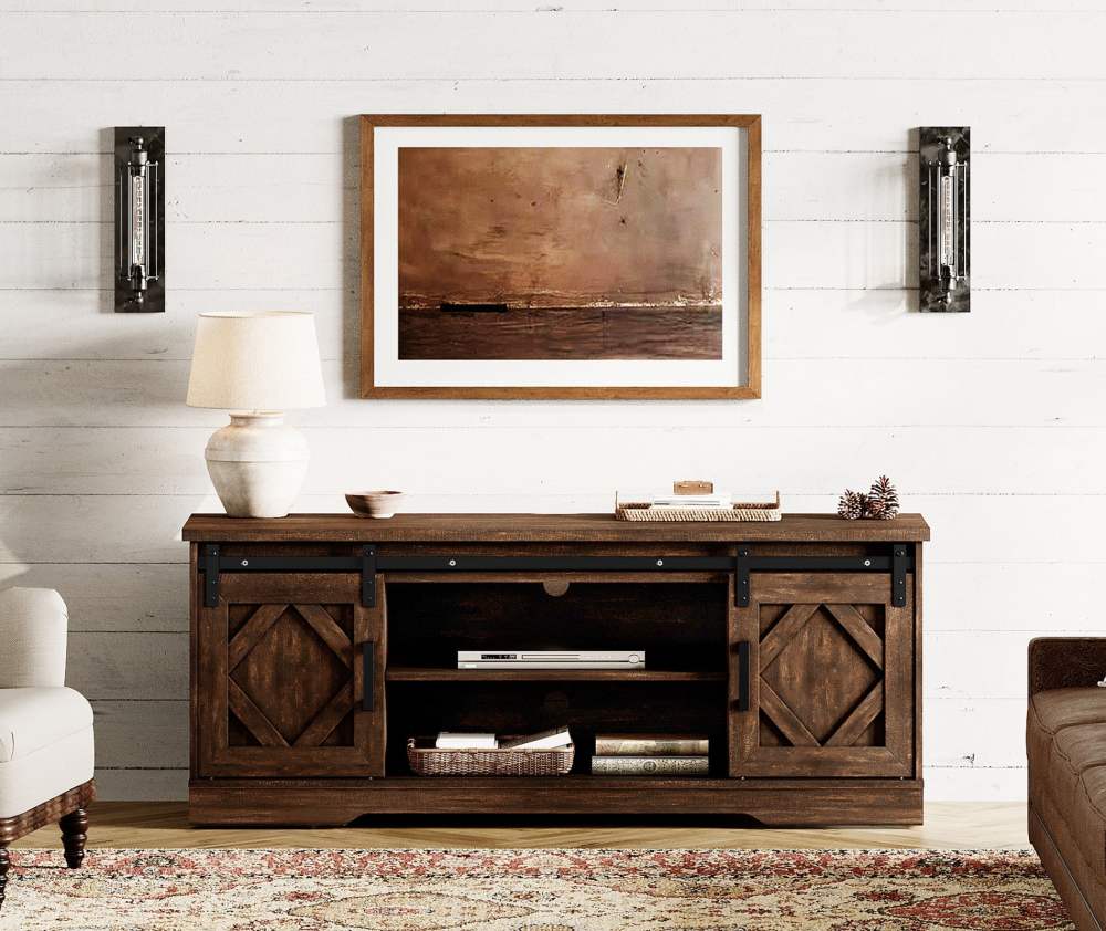 WAMPAT Farmhouse TV Stand with Sliding Barn Doors,Media Console with 3-Tier Adjustable Shelf for TVs up to 65",Rustic Wood Entertainment Center for Living Room, Rustic Brown