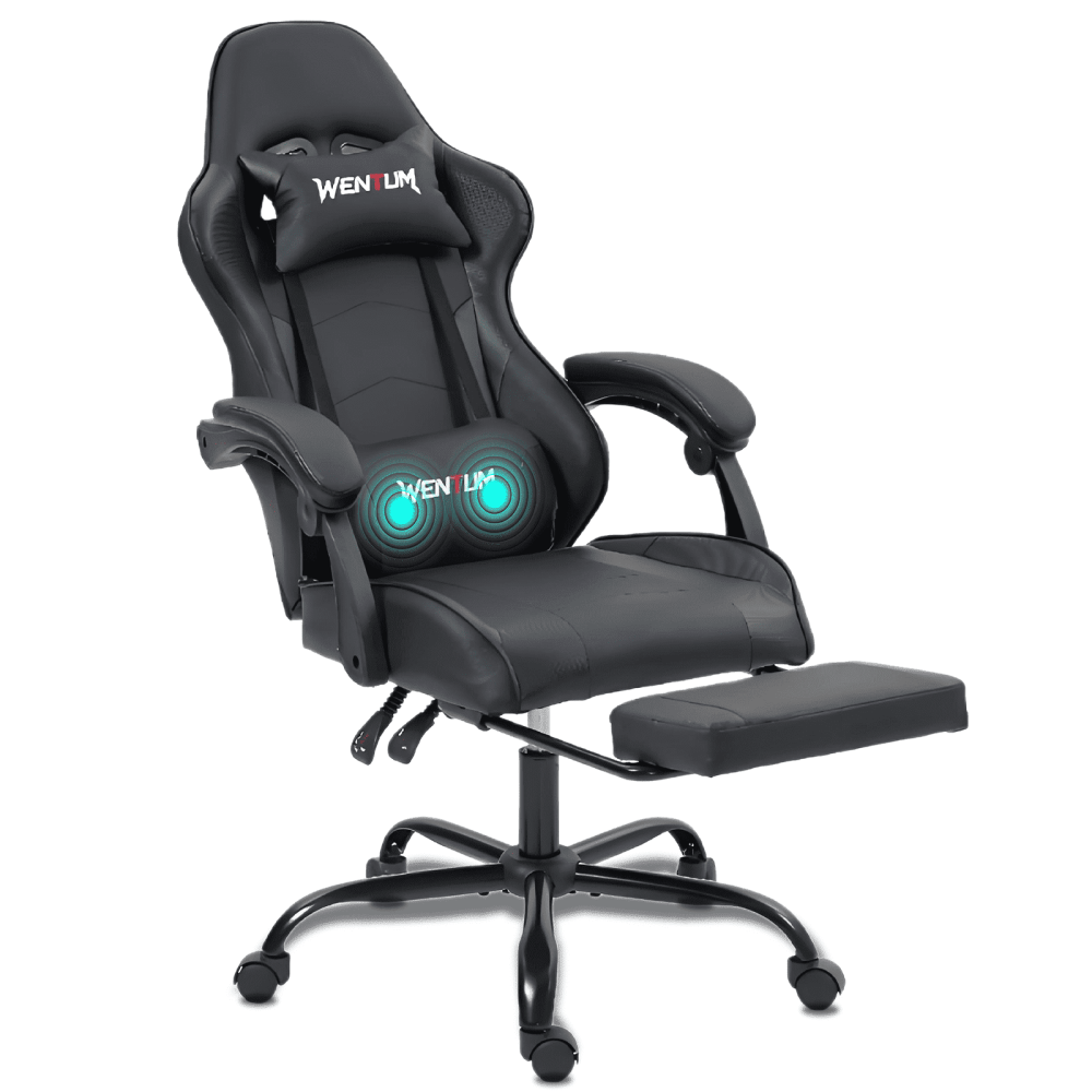 WENTUM Ergonomic Reclining Gaming Chair with Linkage Armrests & Footrest,Racing Office Chair,PU Leather Computer Desk Chair,Black