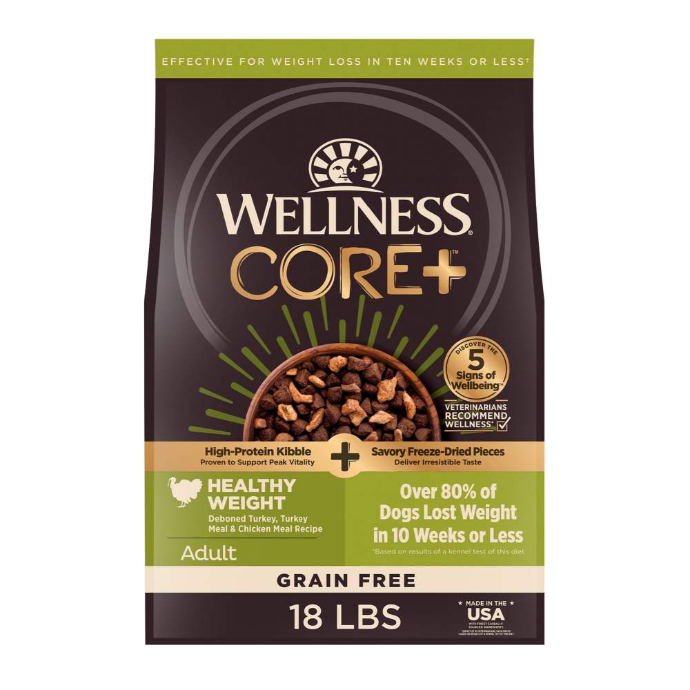 Wellness CORE Dry Dog Food with Freeze Dried Pieces,  Grain Free,  High Protein,  Natural,  Healthy Weight Turkey & Chicken Recipe,  (18-Pound Bag)
