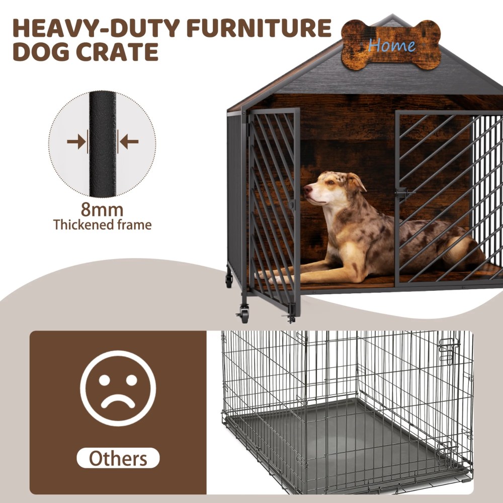 JXXRZ 32" Heavy Duty Dog Crate Furniture- Chew-Proof Double Door Indoor Kennel with Roof, Rustic Brown for Large Breeds - Image 3