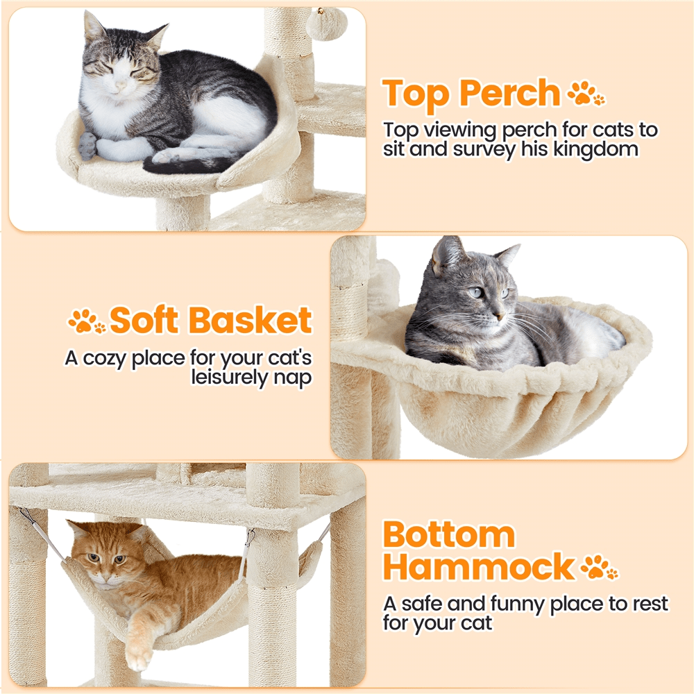 Alden Design 67" H Large Multi-Level Cat Tree with 2 Cat Condos for Indoor Cats, Beige - Image 8