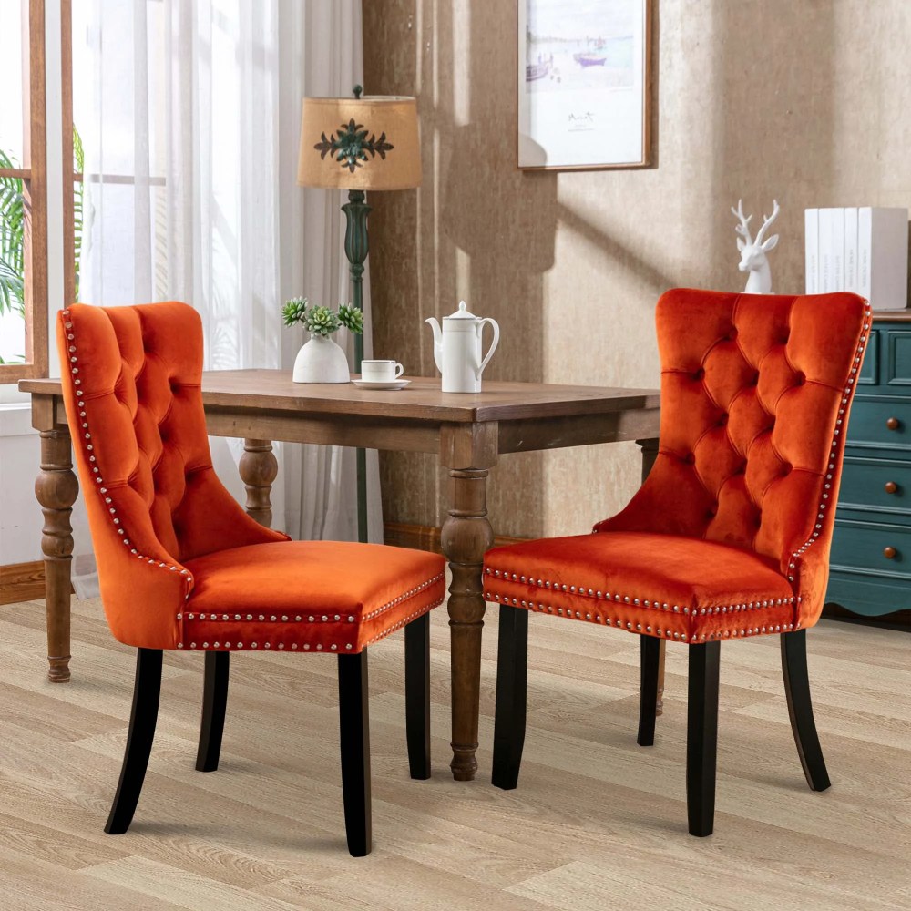 Aukfa High-End Upholstered Dining Chairs Set of 2, Modern Tufted Solid Wood Side Chair with Nailhead Trim - Orange