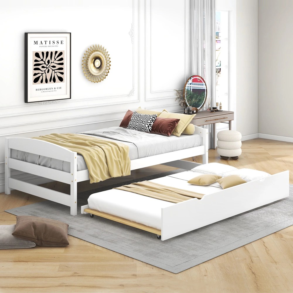 Euroco Twin Size Platform Bed with Trundle, Low Profile Easy Assembly Wood Daybed, White - Image 11