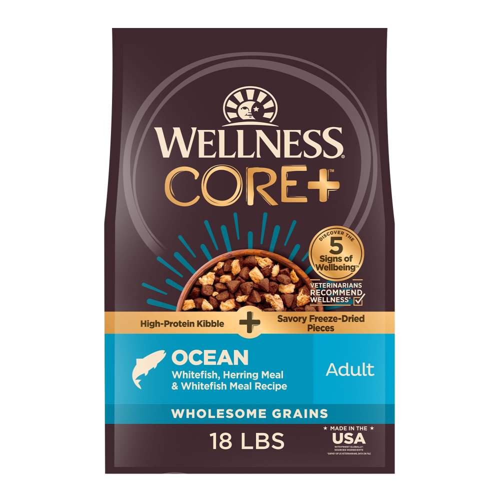 Wellness CORE Dry Dog Food with Freeze Dried Pieces,  Wholesome Grains,  High Protein,  Natural,  Ocean Whitefish & Herring Recipe,  (18-Pound Bag)