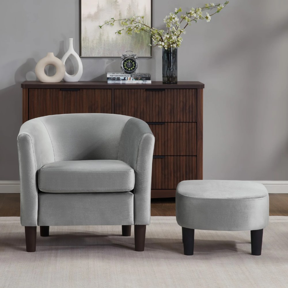 Accent Barrel Chair with Ottoman,Modern Club Chair Comfy Reading Armchair with Footrest for Living Room,Black
