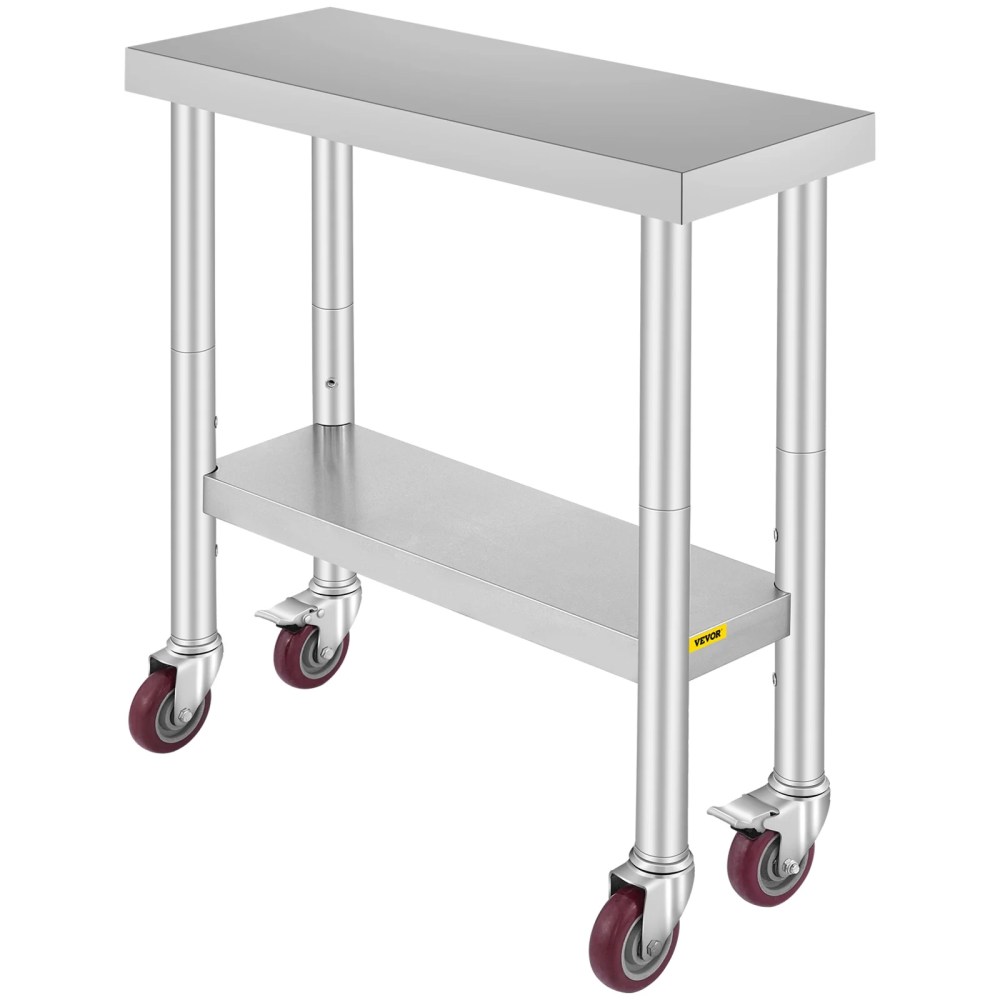 VEVORbrand 30 x 12 x 34 Inches Stainless Steel Work Table 3-Stage Adjustable Shelf with 4 Wheels Heavy Duty Commercial Food Prep Work Table with Brake for Kitchen