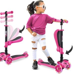 Hurtle 3-Wheeled Scooter for Kids - Wheel LED Lights, Adjustable Lean-to-Steer Handlebar, and Foldable Seat - Sit or Stand Ride with Brake for Boys and Girls Ages 1-14 Years Old (HURFS66) Pink