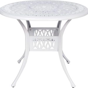 VIVIJASON 35.2" Outdoor Patio Dining Round Table White Cast Aluminum Rustic Large Patio Table with Umbrella Hole