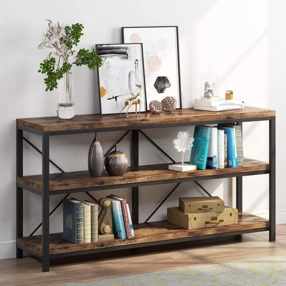 Sofa Table,3 Tiers Sofat Table Narrow Long Sofa Table TV Stand with Shelves for Hallyway,Entryway,Living Room,55 Inch (Brown)